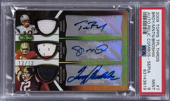 2009 Topps Triple Threads "Autographed Relic Combos - Sepia" #7 Tom Brady/Joe Montana/Terry Bradshaw Multi Signed Game Used Jersey Relic Card (#12/12 - Bradys and Bradshaws Jersey Number!) – PSA MI